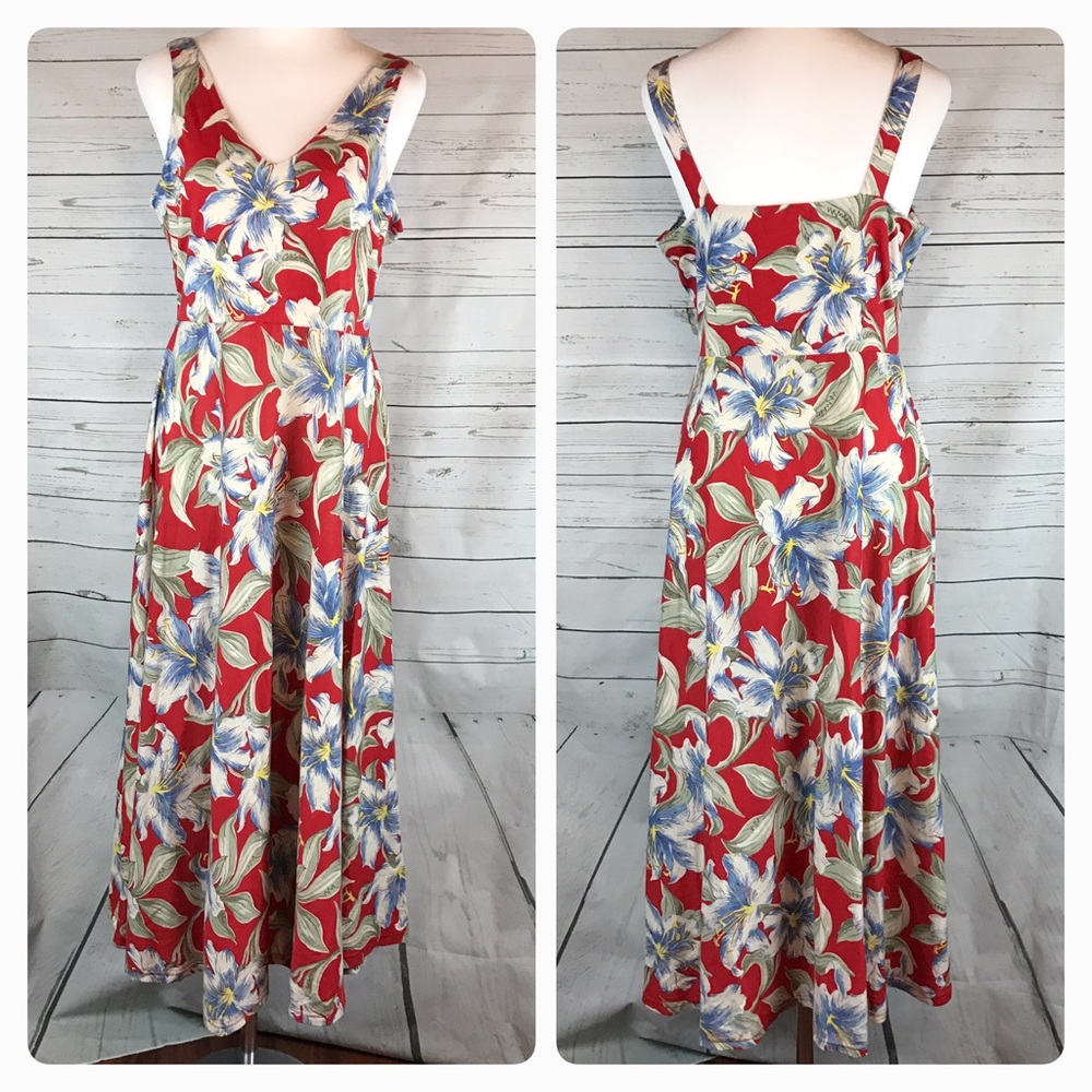 Chaps Ralph Lauren red tropical floral dress Midi